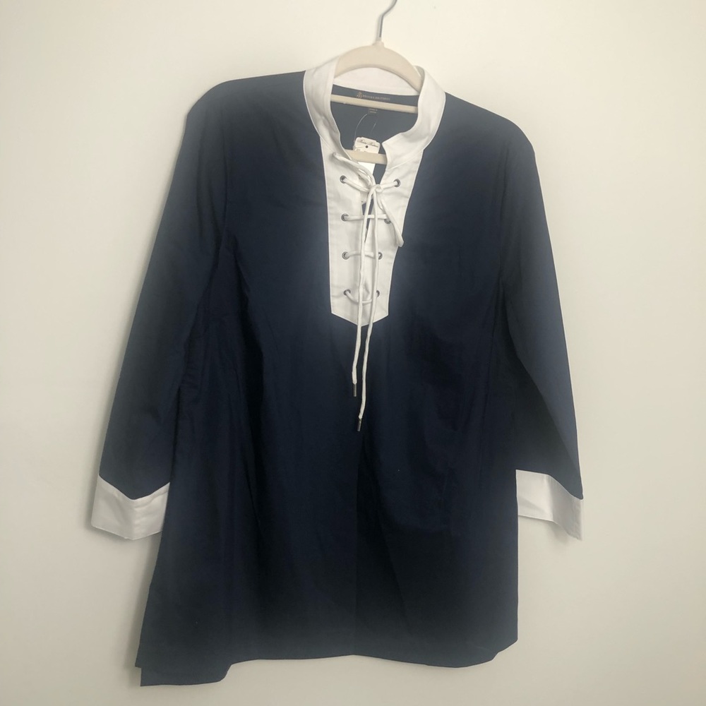 Brook Brothers 3/4 Sleeve Navy White Tunic Size L
